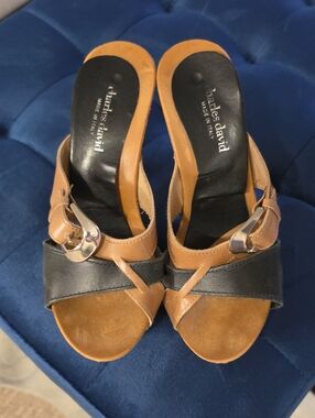 Charles David Black and Tan Leather Slide Mules with Buckle